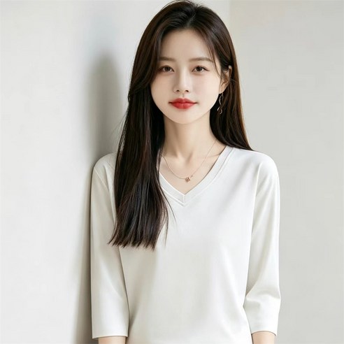 Vezri 여성 여름 V넥 7부소매 티셔츠 루즈핏 심플 데일리 F88