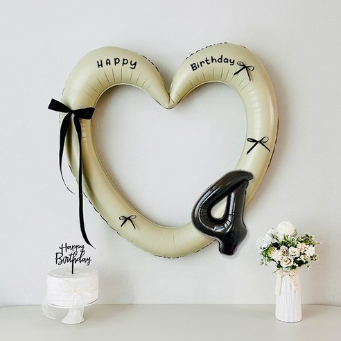 연지마켓 생일 하트프레임풍선 블랙 숫자 생일파티 용품 세트 (자유레터링), 1세트, 크림하트 숫자 4