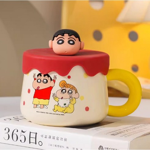 짱구 머그컵 실리콘 뚜껑세트400ml 인형 뚜껑컵 짱구는못말려 도자기 손잡이컵, 1개, 1.엘로우(손잡이색상)