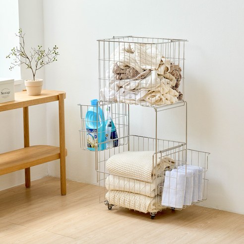 프리미엄 올스텐 이동식 손잡이 세탁 빨래바구니 2단+소바구니 2개 세트