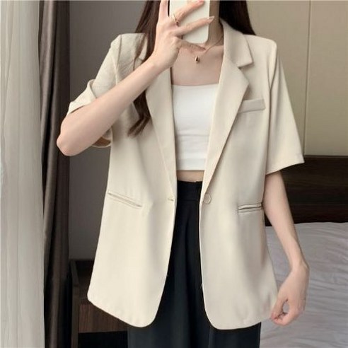 비비디아 Bibidia 여성 봄 여름 고급 루즈핏 정장 반팔 자켓 시원소재 브이넥 오피스룩 재킷 5473