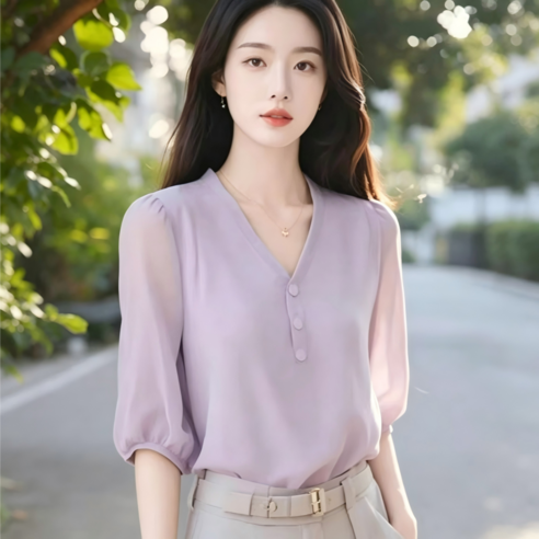 루스리더 여성 여름 브이넥 시스루 쉬폰 블라우스 V500