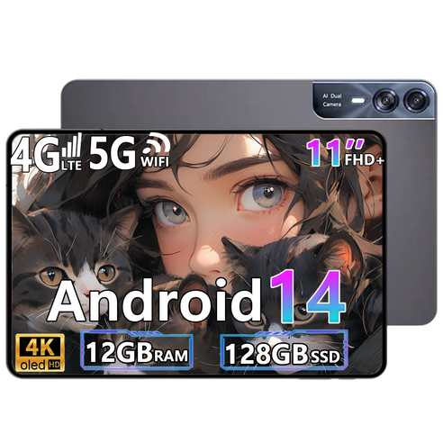 태블릿PC 11인치 안드로이드14 12GB+128GB 확장지원 4K OLED 대화면 12000mAh 배터리 WiFi+셀룰러 인강용 영상용 가성비 태블릿, Wi-Fi + 셀룰러, 128GB, Gray