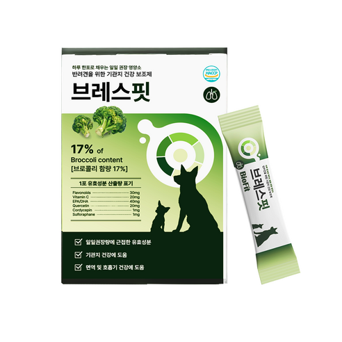 [효과 빠른] 브레스핏 강아지 기관지 영양제 켁켁거림 거위소리 개선 브로콜리 오메가3, 1세트, 호흡기/기관지, 30회분