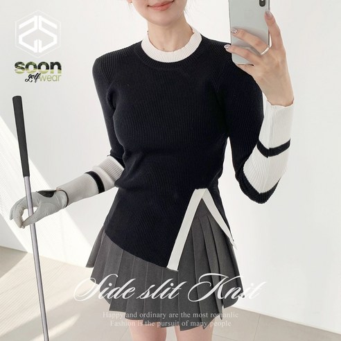 [순이야] C.여성 골프 슬림 배색 사선트임 긴팔 니트티