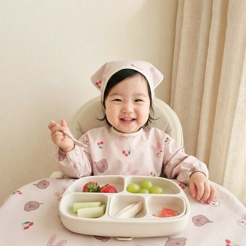 아이레빗 국내생산 유아용 아기 식탁일체형 자기주도 방수 턱받이 풀커버 긴팔, 1개, 1개입, 풀커버 긴팔_체리