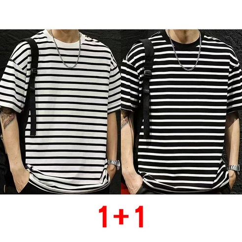1+1 남성 스트라이프 반팔 티셔츠 여름 루즈핏 데일리 상의 캐주얼 프리미엄 라운드넥 반팔티 WMY