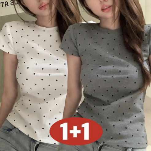 여성용 여름 1+1 특가상품 날씬해 보이는 빈티지 도트무늬 캐주얼 라운드넥 편한 반팔 티셔츠