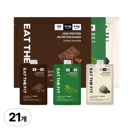 잇더핏 단백질 쉐이크 3주플랜 (더블초코맛 1주+녹차라떼맛 1주+쿠키앤크림맛 1주), 3개, 280g