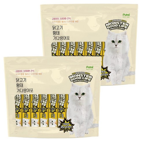푸르미 몬스터굿라이프 대용량 짜먹는 고양이 간식 30p, 혼합맛(닭고기/황태/가다랑어포), 1.05kg, 2개