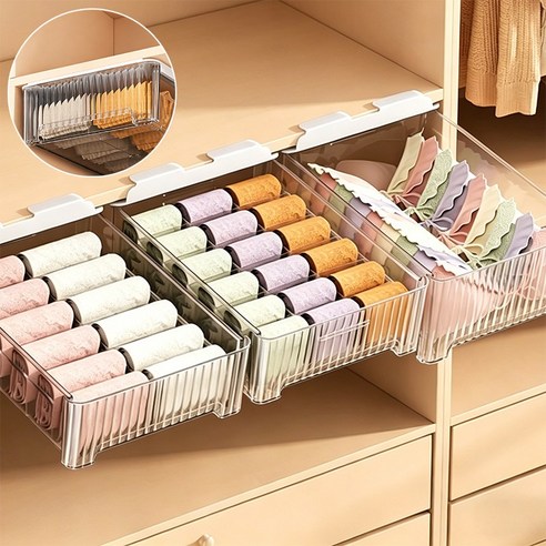 WHH 양말 정리함 걸이식 칸막이 서랍 속옷 수납함 3종 세트, 1세트, 반투명