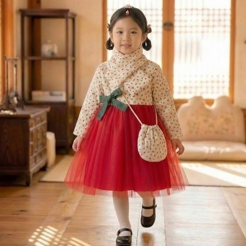 모모토리 유아 여아 아동 어린이집 유치원 잔꽃 동백 포인트 설빔 생활한복 사이즈, 5, 색상, 레드 섬네일