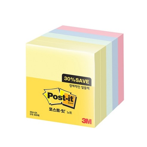 쓰리엠 포스트잇 노트 알뜰팩 654-5A, 혼합색상, 500매, 1개