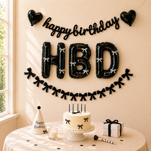 파티에진심인사람들 HBD 이니셜 풍선 펠트 리본 가랜드 생일파티 홈파티세트, 1개, 블랙