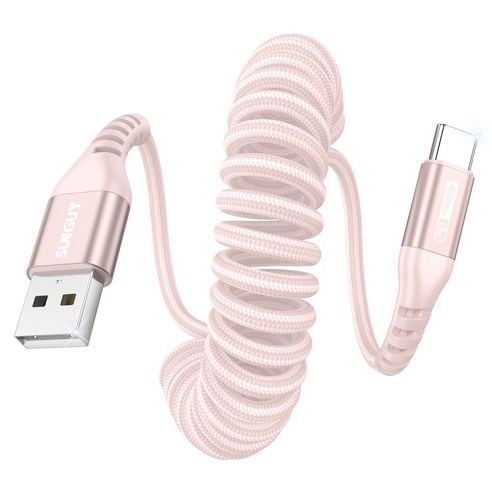 SUNGUY C타입 고속 충전 케이블 코일 스프링 데이터 케이블 자동차용 480Mbps 18W, 핑크, 1개, 2m