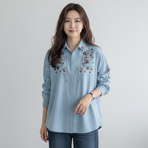 지디오 여성 플라워 자수 데님 셔츠 봄 가을 데일리 포인트 청남방 오피스 캐주얼