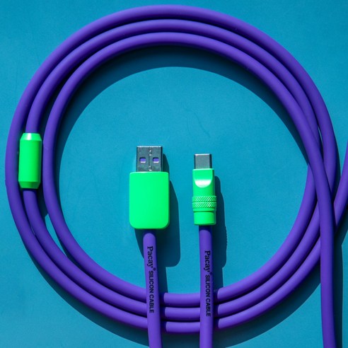 파카이 2미터 초고속 충전 실리콘 케이블 USB to C, 1개, 퍼플&형광그린, 2m