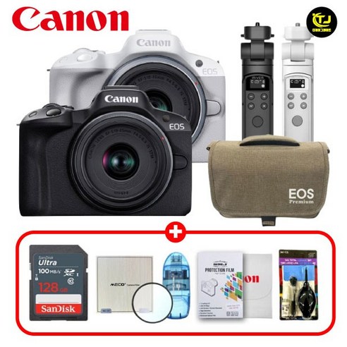 캐논 정품 EOS R50 18-45mm STM 렌즈 KIT / 슈팅그립 패키지 8종세트 / 128G+전용가방+슈팅그립 / TJ, 화이트