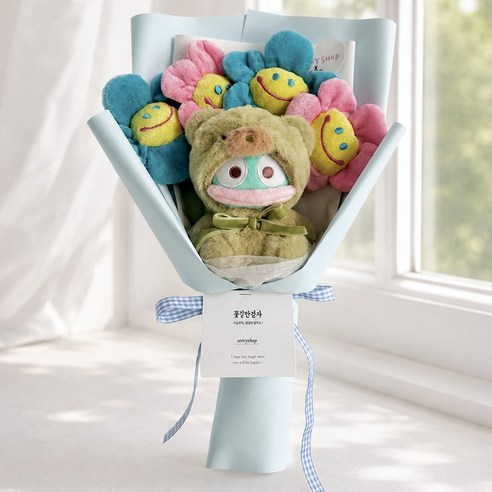 산리오 라떼베어 가방고리 키링13cm 스마일꽃4송이 인형꽃다발 졸업선물 생일선물 졸업식꽃다발, 1개, 한교동, 350mm