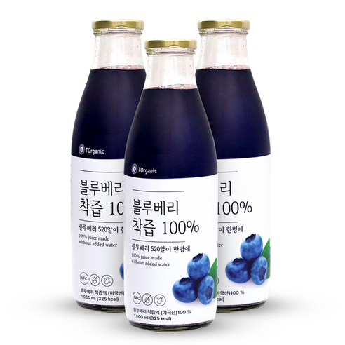 [100% 착즙] 블루베리주스 NFC 블루베리즙 원액쥬스, 3개, 1L