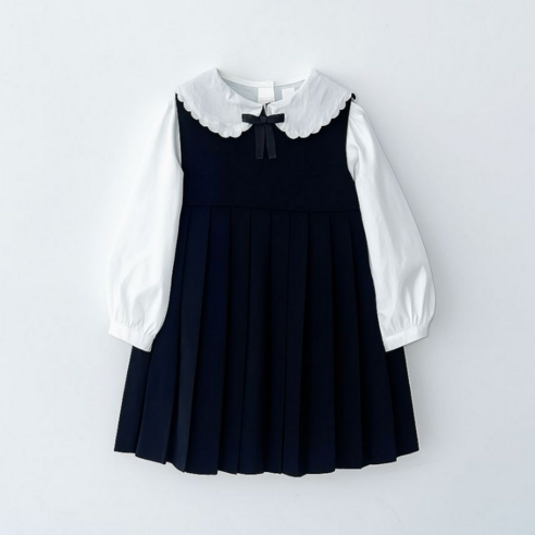 뉴키즈팩토리 여아 키즈 주니어 하객룩 촬영룩 긴팔 화이트셔츠 블랙 원피스 세트