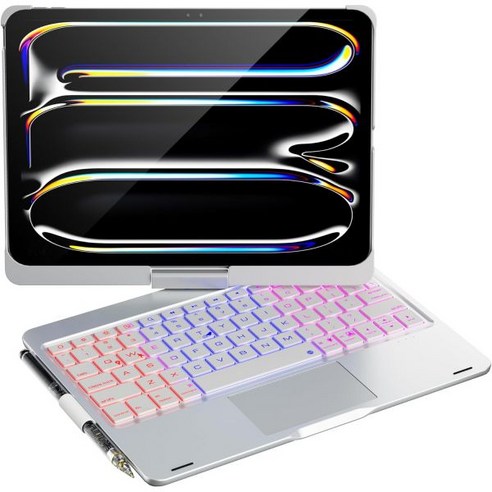 키보드가 있는 도코 iPad Pro 11인치 케이스(M4 2024) 멀티터치 트랙패드가 11 2024용 키보드 케이스 7가지 색상 백라이트 및 360° 회전 가능 iPa, Silver
