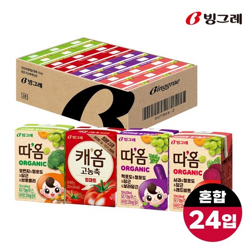 빙그레 따옴 주스 캐옴 미니 팩 주스 4종 혼합(오렌지브로콜리6+적포도보라당근6+사과레드비트6+(소비기한 2026.06.18)토마토6) 총 24개