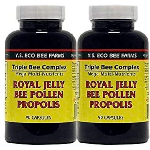 YS Organics 트리플 꿀벌 복합체 로열 젤리 꿀벌 꽃가루 프로폴리스 -90 캡슐 - 2팩