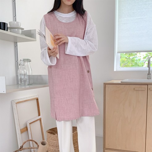 파티굿즈 구김적은 린넨 앞치마 빅사이즈 유치원 어린이집 교사, 핑크