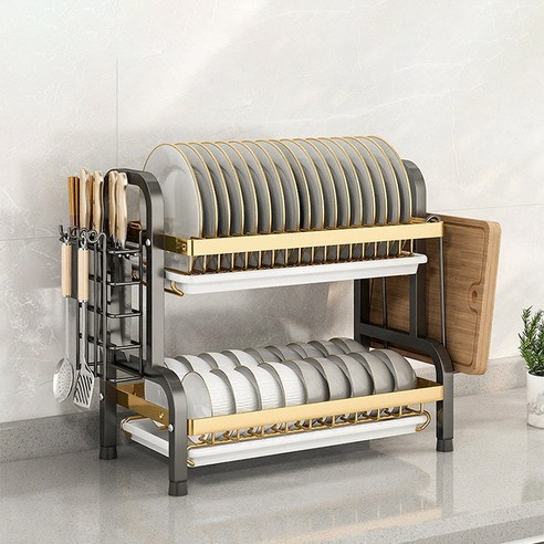 Tiger Pavilion 주방 싱크 접시 그릇 선반 42cm, 1개, 블랙골드, 2단
