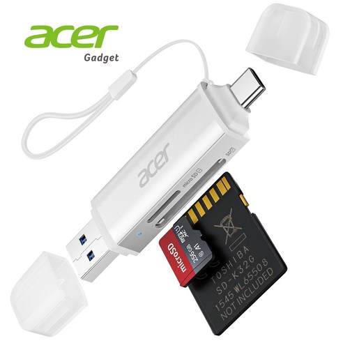 에이서 2-in-1 USB-A/USB-C 고속 카드 리더기 SD/microSD 동시 읽기/쓰기 5Gbps 초고속 전송 USB 3.0 고속 SD/TF 카드 리더기, 1개, 하얀색, UC202