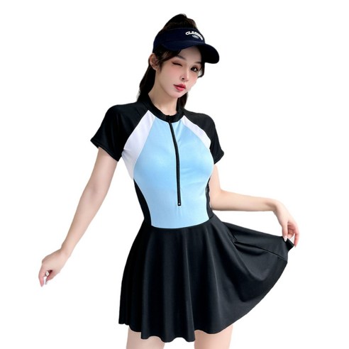 차쿠 여성 반팔 집업 원피스 수영복 체형커버 반팔 원피스 수영복, 블루