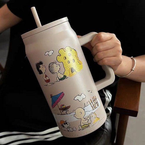 GOYES 캐릭터 스누피 도안 텀블러 대용량 보온 보냉병 빨대 텀블러, 1개, 1500ml, 카키