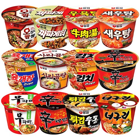 농심 큰사발 컵라면 12종 세트 (신라면 + 신라면 블랙 + 너구리 + 육개장 + 짜파게티 + 무파마 + 오징어짬뽕 + 새우탕 + 튀김우동 + 우육탕 + 김치큰사발 + 사리곰탕)