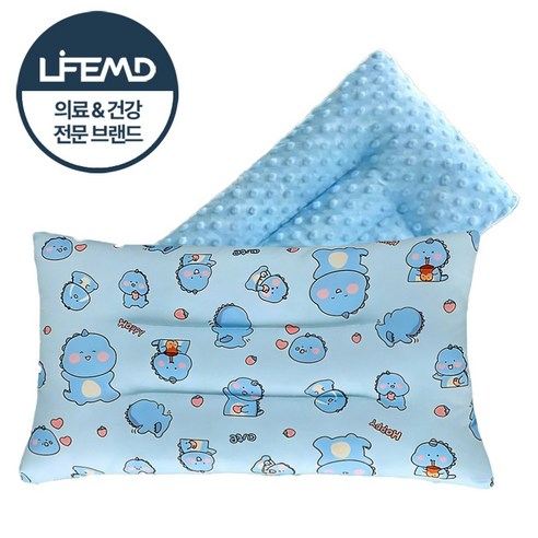 라이프엠디 빨아쓰는 어린이 순면 베개 일체형 목편한 숙면 꿀잠 솜베개 애니멀 애착 수면 배게 통째로 세탁하는 코튼베개 사계절용, 블루다이노