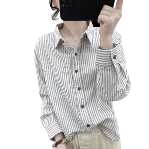 Makone 여성 면마 스트라이프 루즈핏 긴팔 셔츠 남방