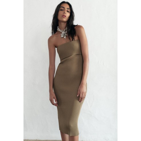 ZARA RIBBED KNIT BANDEAU DRESS -  |