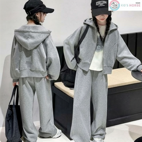 키즈목마 여아용 봄 가을 그레이 후드 집업 트레이닝 세트 와이드 팬츠 716