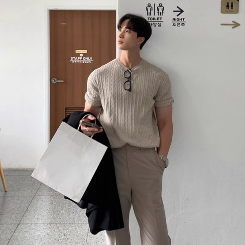 style dr 남자 머슬핏 꽈배기 반팔니트 반팔티 어깨넓어보이는 남자니트