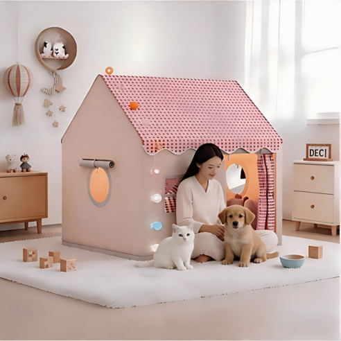 동화 속 성 텐트 반려견 텐트 고양이 실내 은신처 실내 놀이 텐트 놀이 및 캠핑 텐트 고급형 인테리어 볼 라이트 증정, 1세트, 핑크+(구슬 조명)