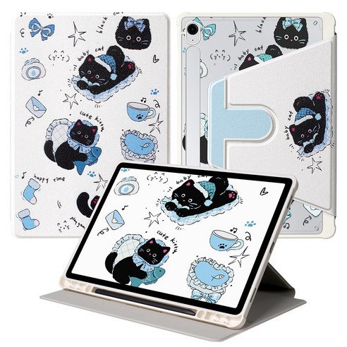 DUNNO 360도 회전 가능 패턴 디자인 아크릴 삼성 탭 케이스, 1개, 6-Graffiti Black Cat