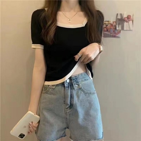 해피유통 여성 빅사이즈 캐주얼 스퀘어넥 반팔 티 패션 상의jhXYN