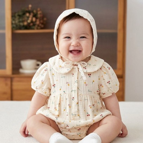 로이앤한나 꽃무늬 여아 여자아기 거즈면 두건 긴팔 슈트 세트 아기외출옷