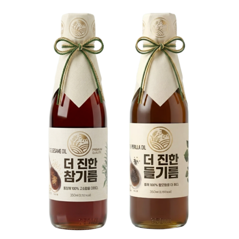 [들녘] 전통압착 더 진한 통참깨100% 참기름 350ml 1병 + 통들깨100%들기름 350ml 1병, 1세트