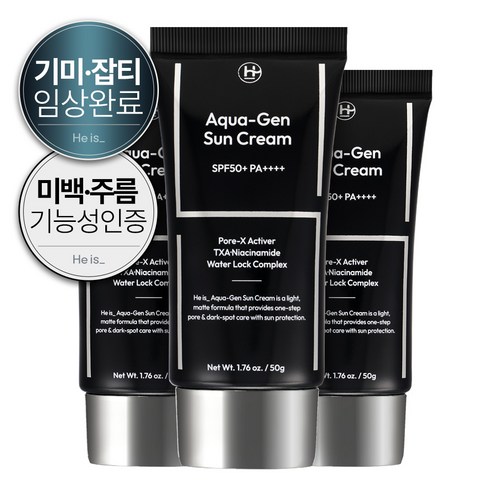 히이즈 아쿠아젠 선크림 남성 데일리 기능성 자외선 차단제 SPF50+ PA++++, 3개, 50g