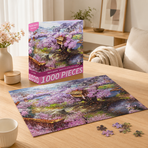 감성 풍경 직소퍼즐 70x50cm 집콕 취미 성인 퍼즐 선물용 인테리어 퍼즐, 1개, 벚꽃 산장, 1000피스