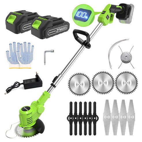 SQUANTOOL 최신형 21V 충전식 무선 예초기 본체 LED 잔량 표시 휴대용 8500RPM 신축식 전동 잔디깎기 2.0Ah 배터리 *2, 1개