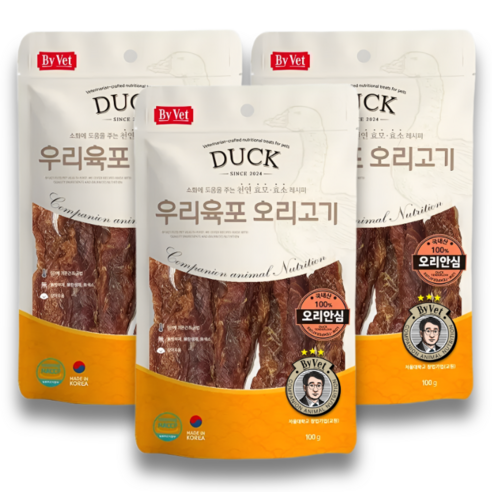 국내산 우리육포 강아지 간식, 오리안심, 100g, 3개
