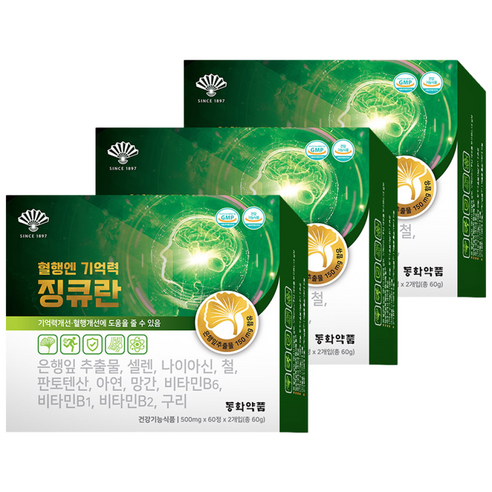 동화약품 혈행엔 기억력 징큐란 은행잎추출물 징코 11종기능성, 120정, 3개
