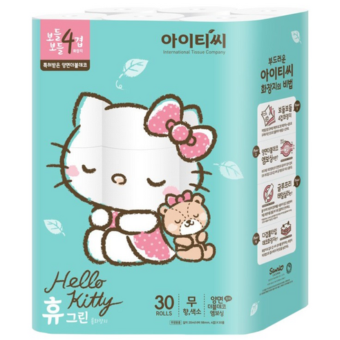 헬로키티 휴그린 보들보들 4겹 롤화장지 22m, 1개, 30롤